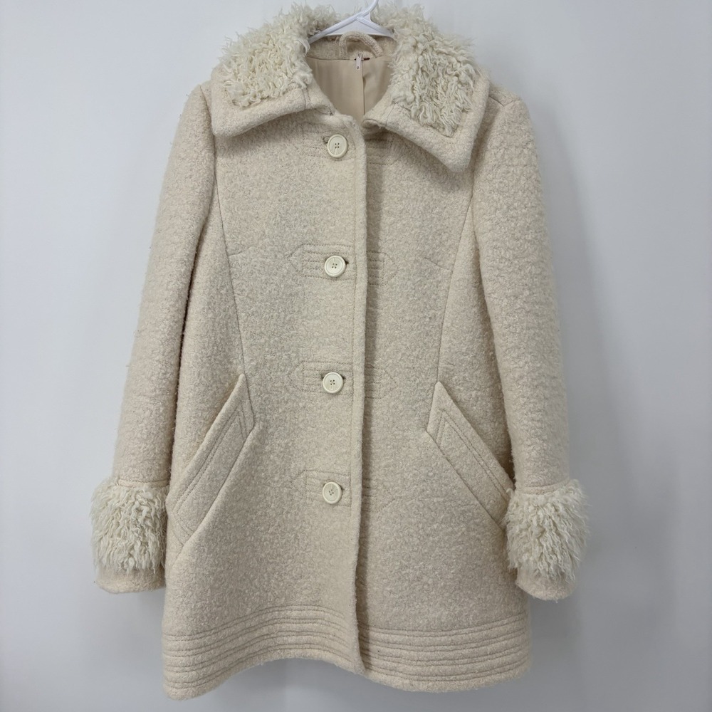 Free People Cream‎ Wool Coat Women's Size Small Shearling Cuff Collar